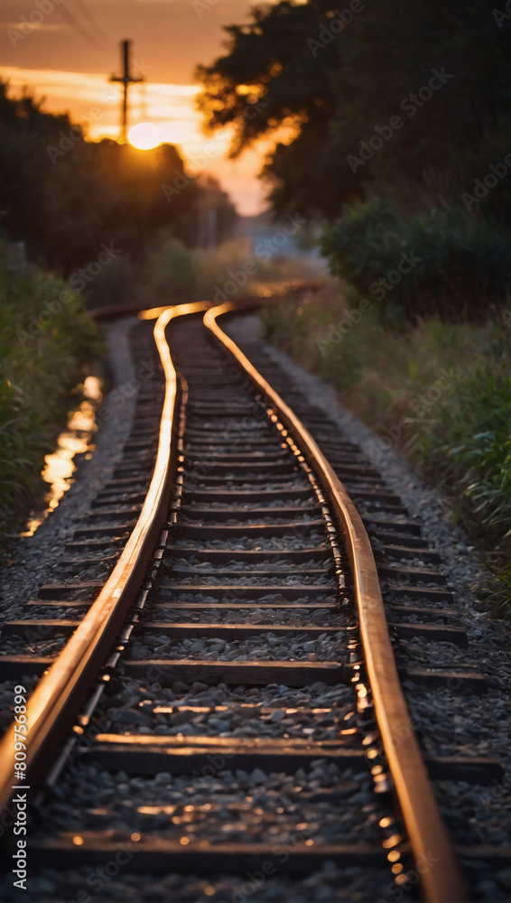Twilight Pathway, Railway Track Meandering Through the Sunset