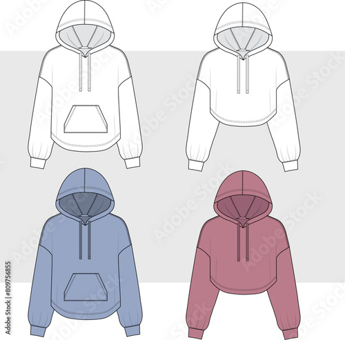 unisex Hoody sweatshirt technical fashion illustration with long sleeves, oversized body, kangaroo pouch, cropped hoodie set.