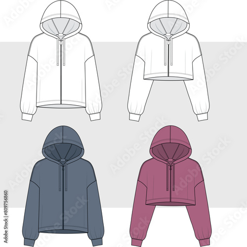 unisex Zip-up Hoody sweatshirt technical fashion illustration with long sleeves, oversized body, drawstring. cropped hoodie and sweatshirt set.