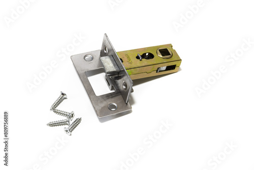Mortise lock with screws, tubular latch, bolt, threading for doors and interior doors. Isolated on a white background. photo