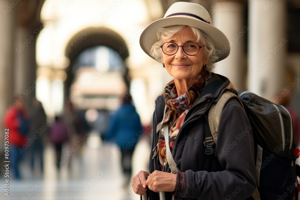 Portrait of a cheerful elderly woman traveler with backpack in an elegant corridor, exploring the city Portrait of a cheerful elderly woman traveler with backpack in an elegant corridor, exploring the city