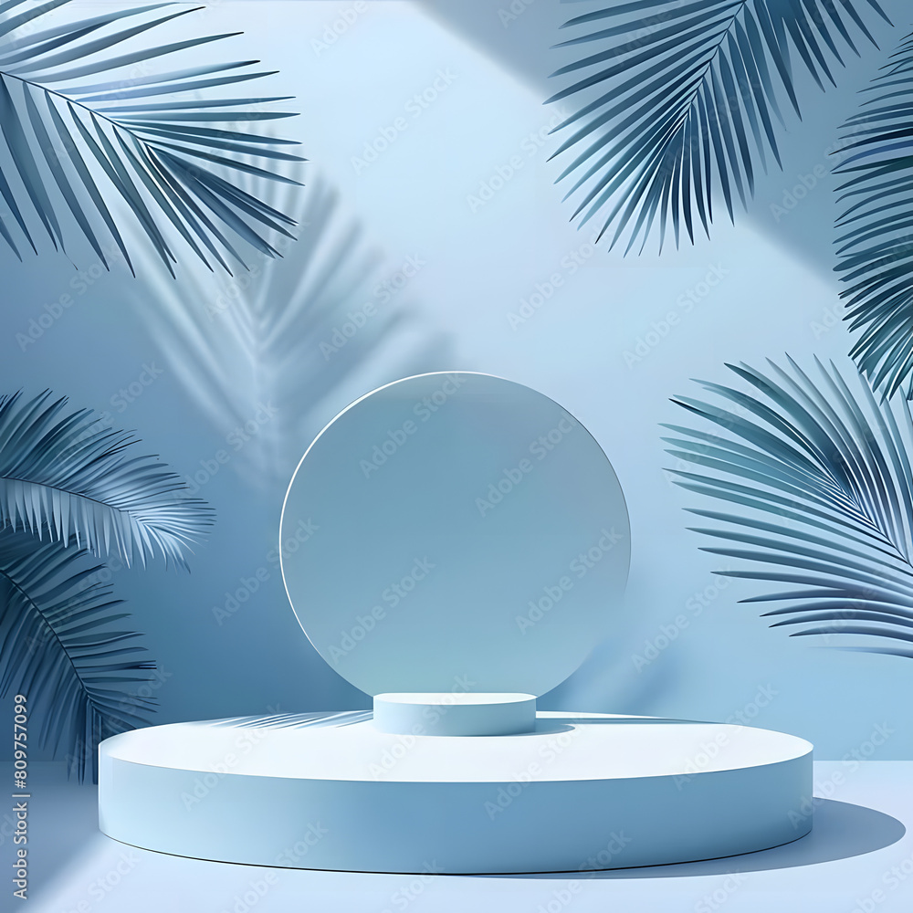 Minimal cosmetic light Ocean blue background and premium podium display for product presentation branding and packaging presentation. studio stage with shadow of leaf background.
Minimal cosmetic light Ocean blue background and premium podium display for product presentation branding and packaging presentation. studio stage with shadow of leaf background.