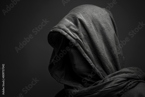 A hooded figure is shown in a dark room
