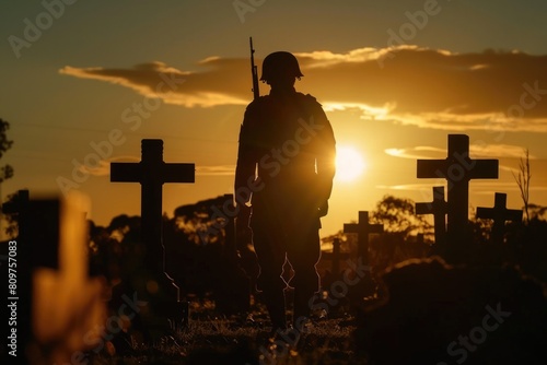 A soldier stands in front of a row of crosses in a graveyard