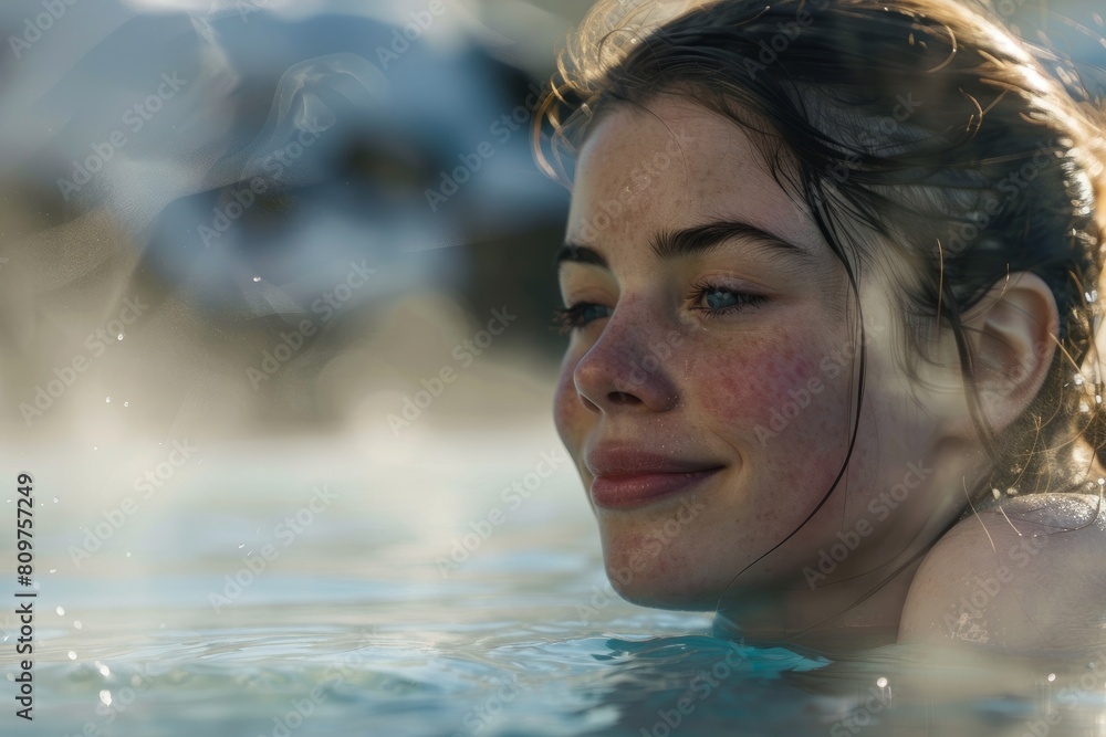 Closeup of a young Caucasian woman relaxing with her eyes closed in a pool of water