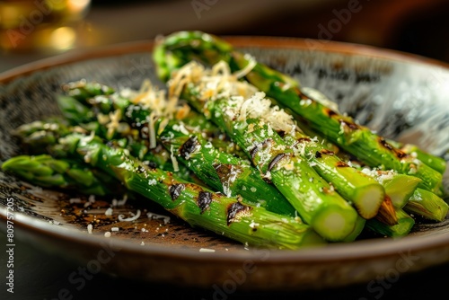 Closeup of chargrilled asparagus spears topped with freshly grated Parmesan cheese on a plate photo