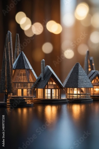Abstract architectural shapes that create a sense of space and comfort against a blurred background of warm bokeh tones.