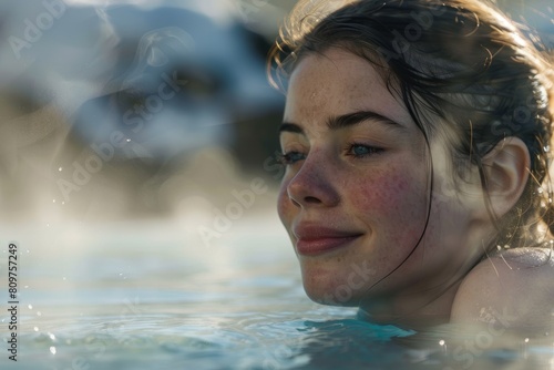 Closeup of a young Caucasian woman relaxing with her eyes closed in a pool of water © Ilia Nesolenyi