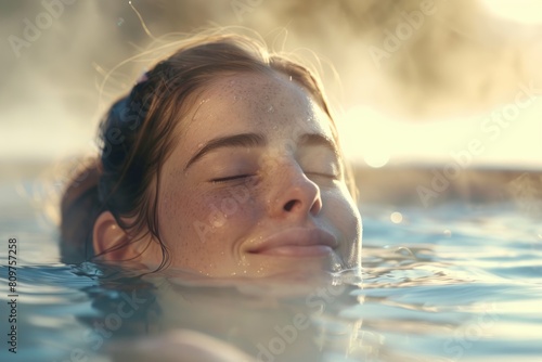 A closeup of a young Caucasian woman serenely floating in water with her eyes closed