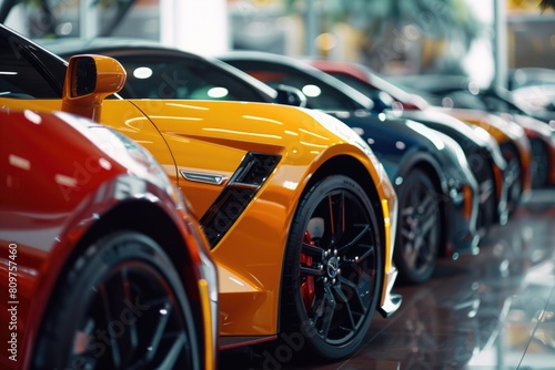 A row of cars are parked in a showroom