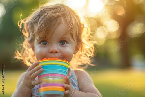 A closeup view of a plus-size toddler holding a colorful sippy cup with a slight smile and eyes