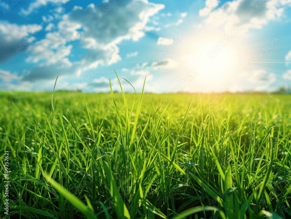 A field of green grass with a bright sun shining on it A field of green grass with a bright sun shining on it