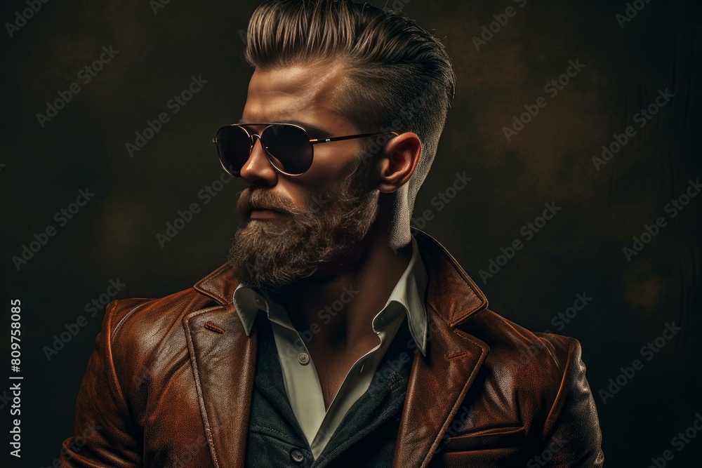 Fototapeta premium Fashion portrait of a handsome man with a beard and sunglasses against a dark background