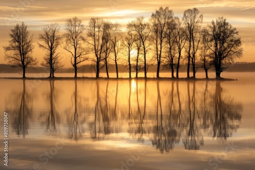 Group of winter trees silhouetted against misty lake at dawn