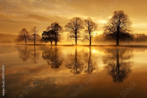 Winter trees silhouetted against a misty lake at dawn © Ilia Nesolenyi