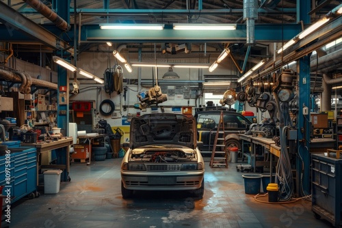 A car is parked inside a garage surrounded by numerous tools commonly used for auto repair and maintenance