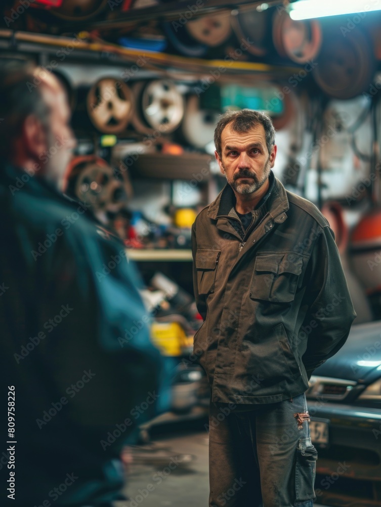 Two men are standing in a garage, one of them is wearing a black jacket Two men are standing in a garage, one of them is wearing a black jacket