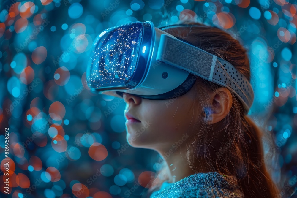 Side view of woman engrossed in the synthetic world through a high-tech virtual reality headset Side view of woman engrossed in the synthetic world through a high-tech virtual reality headset