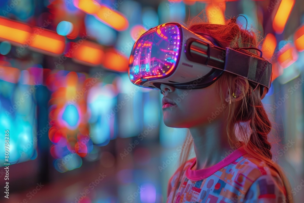 A child explores a new world wearing a colorful virtual reality headset, depicting curiosity and innovation A child explores a new world wearing a colorful virtual reality headset, depicting curiosity and innovation