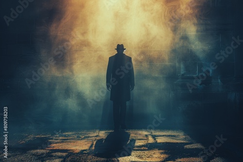 An enigmatic image of a mysterious man surrounded by fog and dramatic backlit lighting in a dark, shadowy setting
