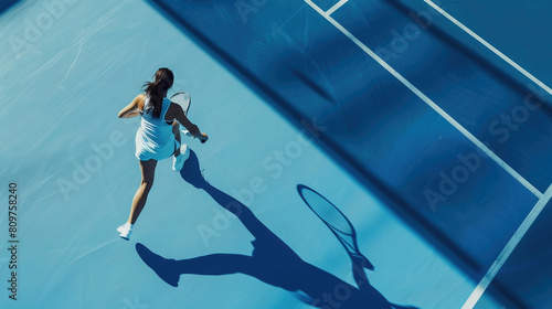Aerial view on blue tennis court with competitive young woman  tennis player in motion with racket  practicing. Creative collage. Concept of sport  game  competition  tournament.