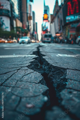 A city street with a large crack in the road