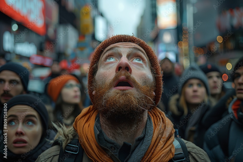 A bearded man wearing a hat and scarf looks upwards in awe at a cityscape, surrounded by people similarly captivated