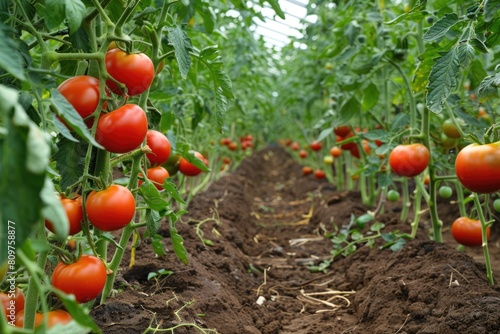 greenhouse with rows tomato plants. Seedling nursery. Smart farming, innovative organic agriculture