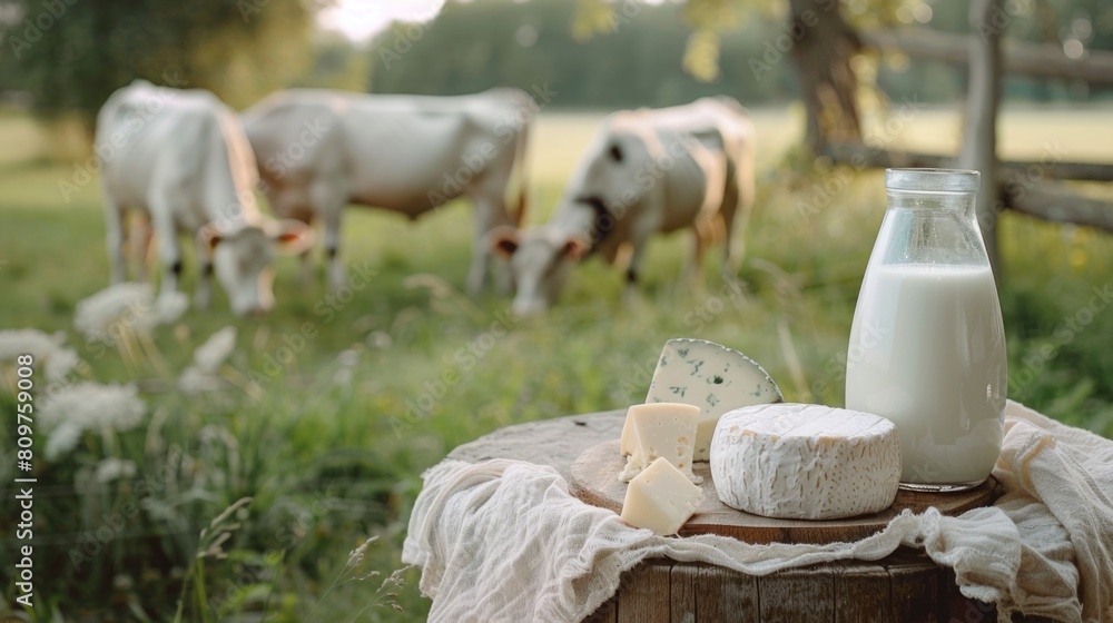 Fototapeta premium A glass of milk is on a wooden table next to a piece of cheese
