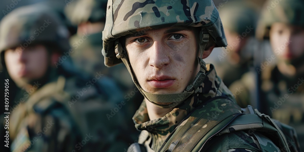 A man in a military uniform is standing in front of a group of soldiers A man in a military uniform is standing in front of a group of soldiers