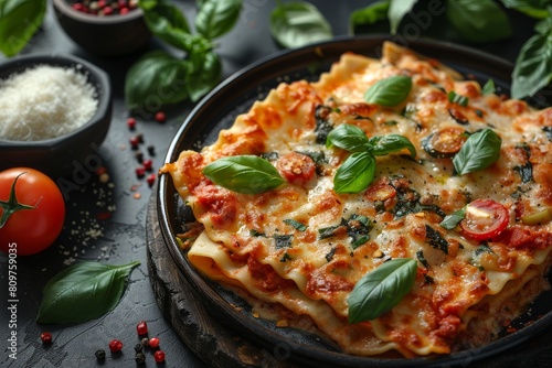 Delicious Italian lasagna plated and garnished with fresh basil leaves, an appealing meal for any food enthusiast