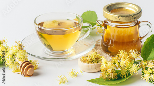 Cups of linden tea and jar with honey on white background