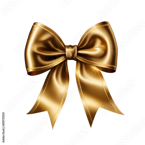 Golden satin bow isolated on white background.