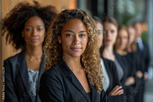 In the image, a confident woman with curly hair leads a team of diverse professionals, all dressed in business attire