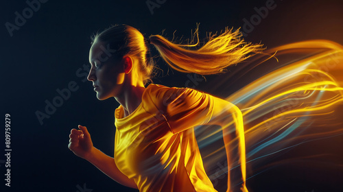 Athletic young woman in yellow sportswear captured in motion, training, running against black background with stroboscope effect. Concept of sport, active and healthy lifestyle, endurance