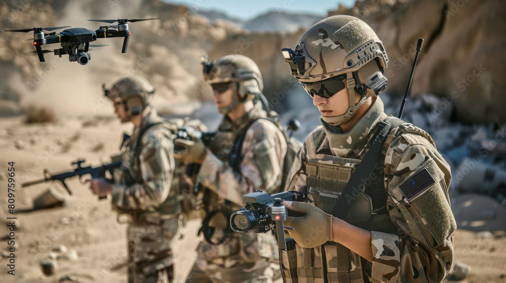 Fototapeta premium Three soldiers are standing in a desert, one of them holding a camera