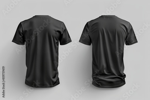 A mock-up design template including text space, a black t-shirt front and rear view isolated on a white backdrop, Generative AI.