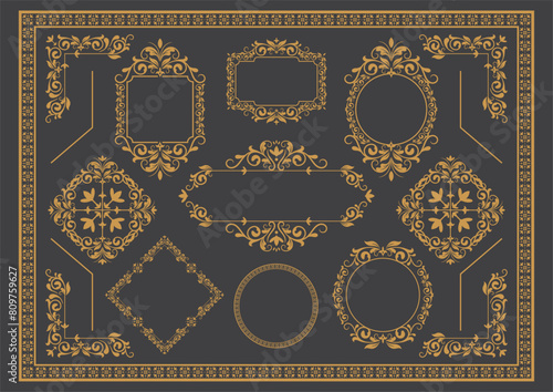 Set Of Golden Vintage ornament with border, frame, crown, corner, mandala and luxury elements, suitable for vintage design or wedding invitation card