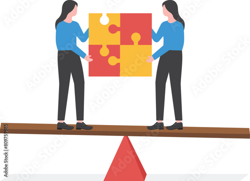 Balance of benefits. Two businesswomen connect puzzle on seesaw vector

