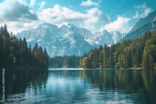 A beautiful mountain lake with a clear blue water