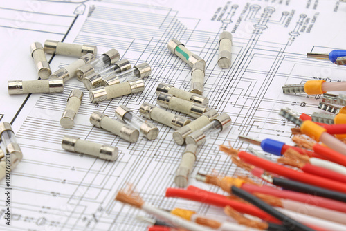 Fuses for protection of electrical loads on an electronic diagram. Close-up.