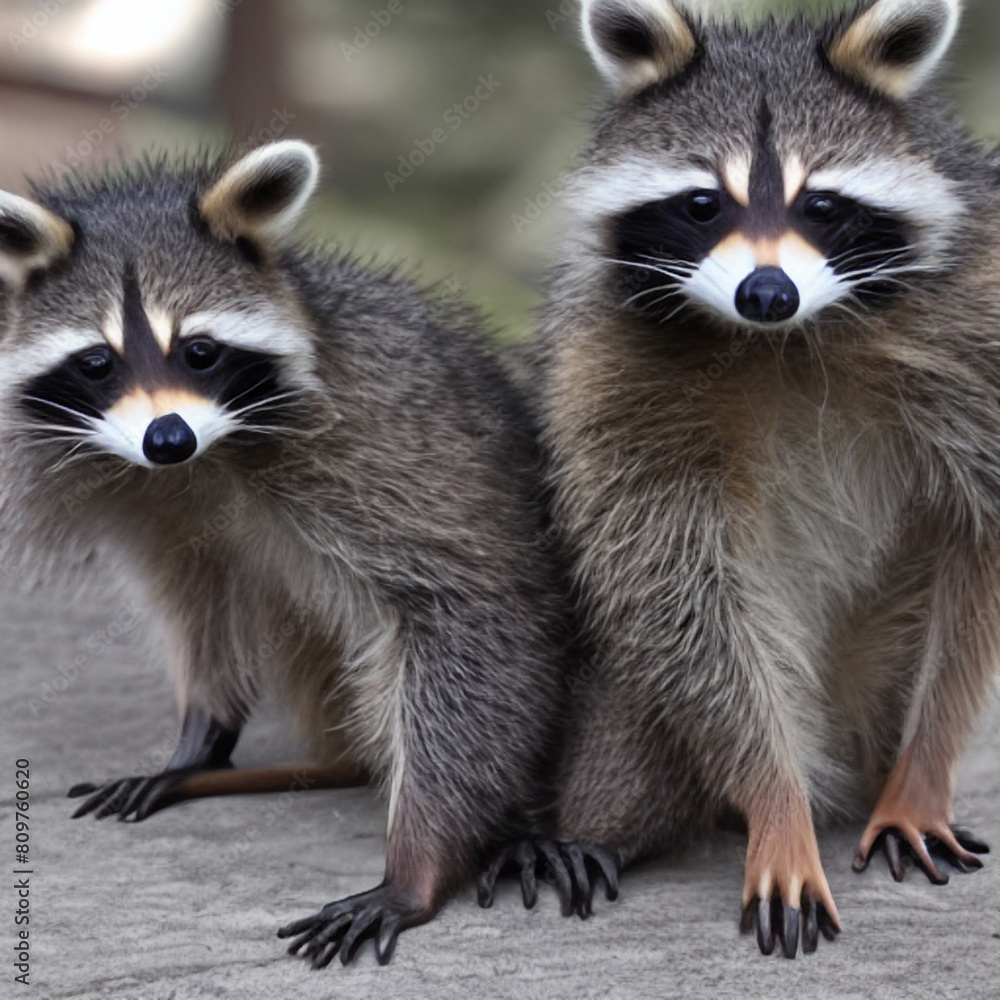 Little racoon family love nature stick trees in the forest Little racoon family love nature stick trees in the forest