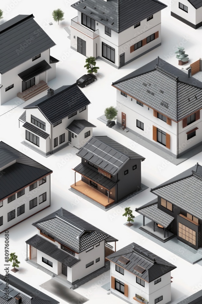 A row of houses with different roof styles and sizes A row of houses with different roof styles and sizes