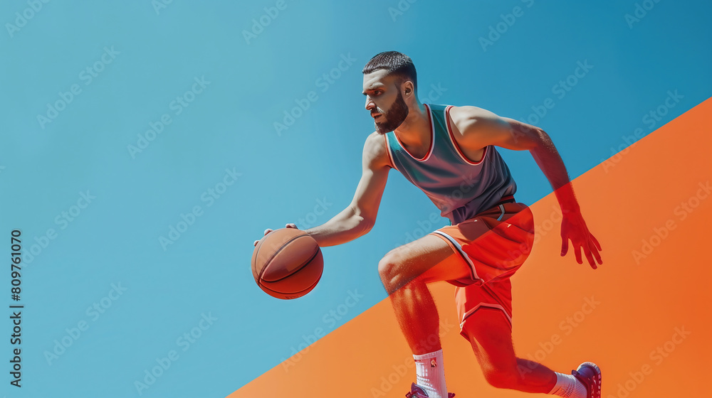 Concentrated man in uniform, basketball player in motion, dribbling ball, practicing. Creative collage. Concept of sport, game, competition, tournament, active lifestyle.