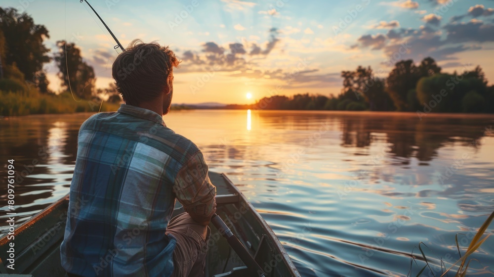 A man is sitting in a boat on a lake, watching the sun set A man is sitting in a boat on a lake, watching the sun set