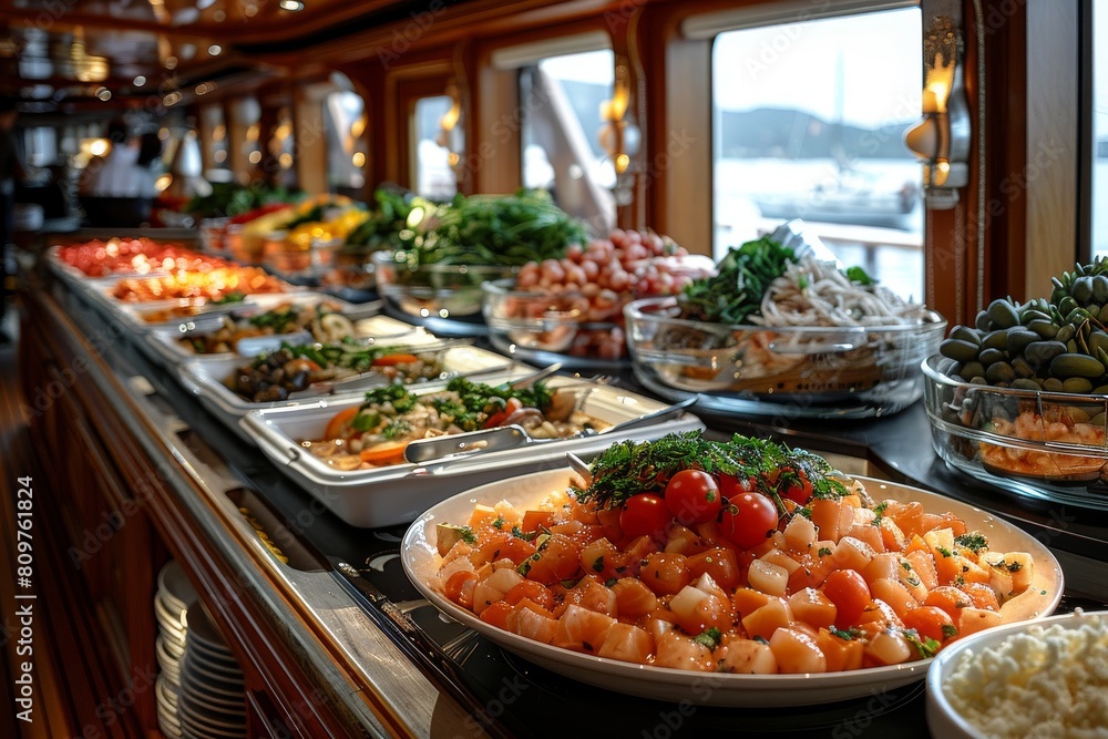Close-up detailing the succulent seafood offerings on a buffet, showcasing freshness and gourmet appeal aimed to entice seafood lovers Close-up detailing the succulent seafood offerings on a buffet, showcasing freshness and gourmet appeal aimed to entice seafood lovers