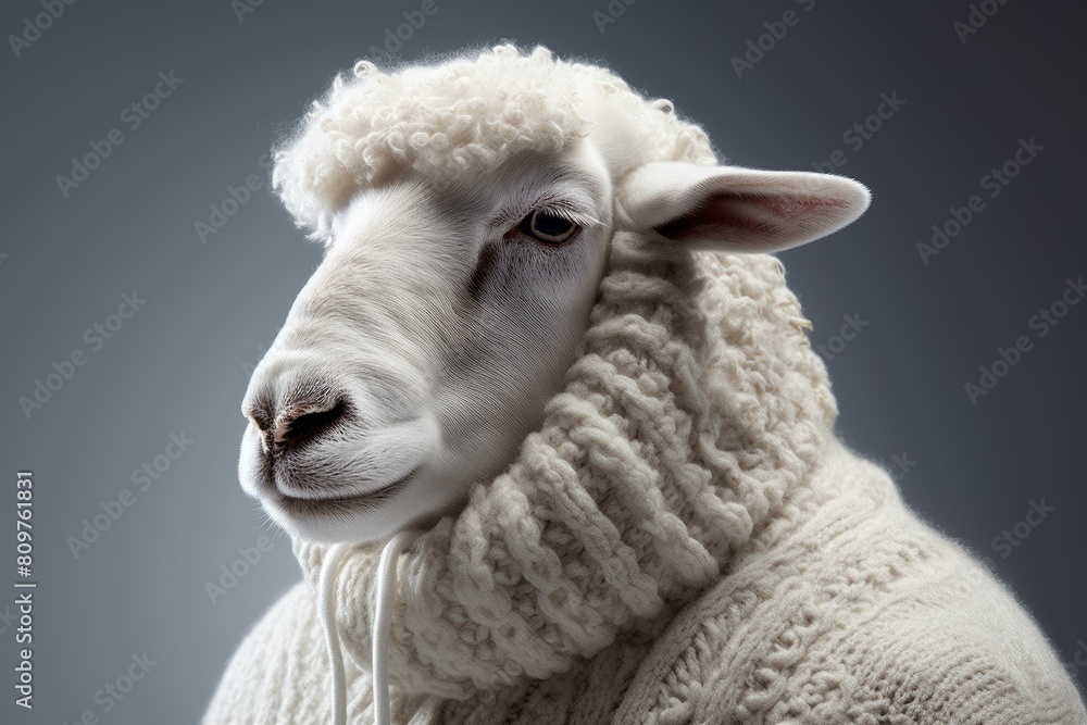 Plush Sheep covered knitwear. Outdoor autumn nature with warm textile animal. Generate Ai Plush Sheep covered knitwear. Outdoor autumn nature with warm textile animal. Generate Ai