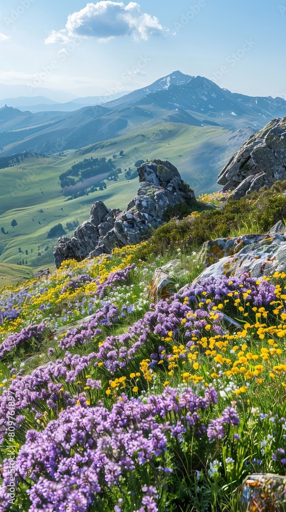 Obraz premium Rocky slopes covered in a blanket of spring flowers