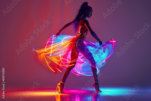 Silhouette of Woman in Neon Light Dress with Motion Photography.
