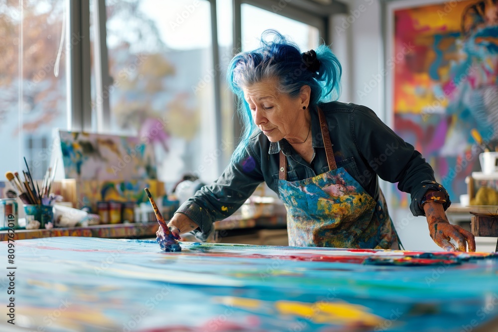 An older woman with deep blue hair tied back in a messy bun, wearing a paint-splattered apron, intensely focused on painting a large, colorful abstract canvas in her bright studio